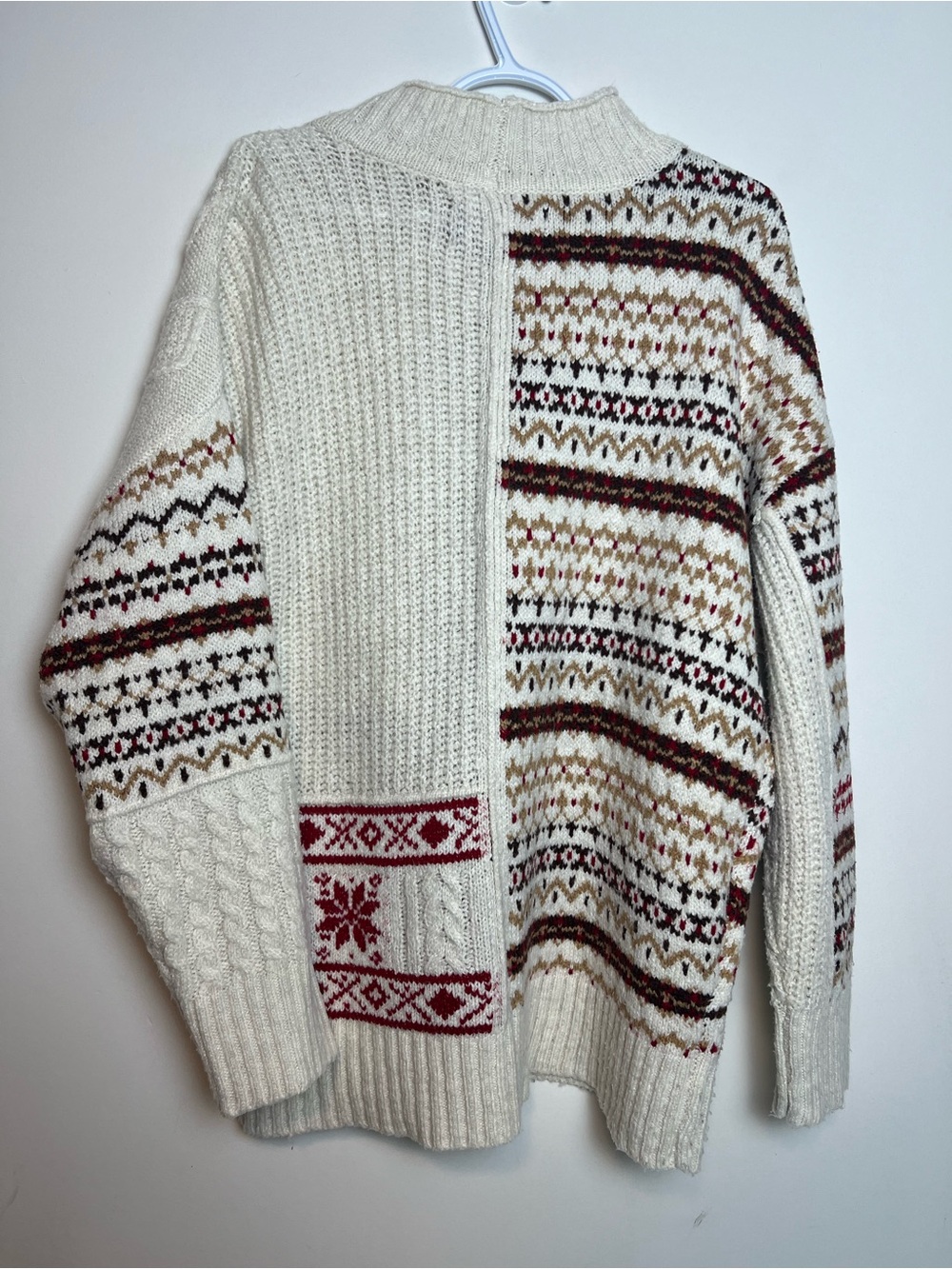 American Eagle Cozy Ivory Fair Isle Cable Turtleneck Sweater with Red Accents-L - Picture 2 of 6